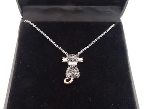 Beautiful Bridge Diamond & Sterling Small Cat Pendant & 18" Necklace KH-11 - Picture 1 of 9