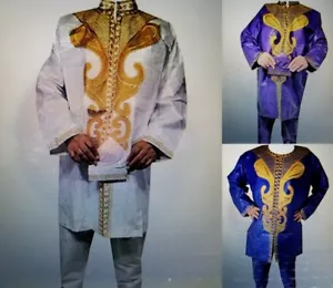 Herren Afrikanischer Hosenanzug Brokat Bestickt 3 Teilig Anzüge Ethno Kleidung Set - Bild 1 von 10