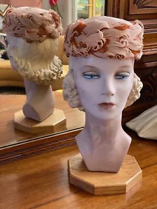 VTG Pill Box Curly Feather Hat 60s Auburn Beige By Valerie mode Union made 21.5" - Picture 1 of 9