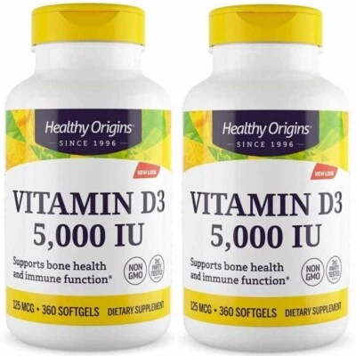 Healthy Origins 2 x 360 Softgels Vitamina D3 5000 IU 5,000 ui VITAMIN D-3 - Bild 1 von 3