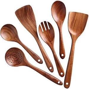 6 Pcs Handmade Wooden Serving and Cooking Spoon Ladles Turning Spatulas Kitchen