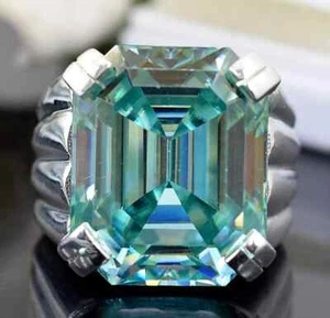 RARE 18.10Ct Emerald Cut Treated Blue Diamond Ring 925 Silver With Certificate - Picture 1 of 7