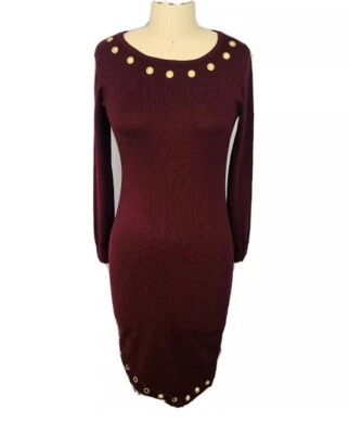 👗🔴🖤N.Y. Collection Burgundy Knit Asymmetrical Gold Grommets Long Sleeve Sz PM - Image 1 of 4