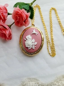 Pink Hummingbird Cameo Gold Memory Locket Photo Pill Box Necklace Birthday gift - Picture 1 of 5
