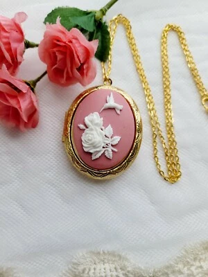 Pink Hummingbird Cameo Gold Memory Locket Photo Pill Box Necklace Birthday gift - Image 1 of 4