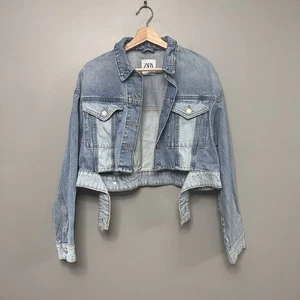Zara Women’s Two Tone Cropped Denim Jacket W/ Attached Belt Size Small - Picture 1 of 8