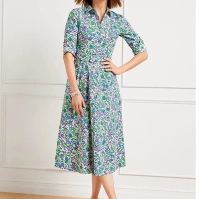 Talbots 8 Petite Shirt Dress Fit Flare Cotton Poplin Midi Belted Button Front - Image 1 of 4