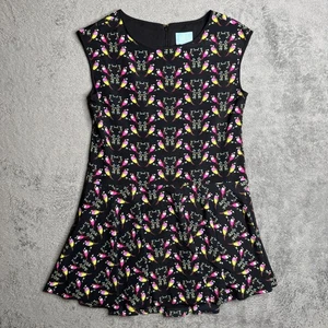 CeCe Cynthia Steffe 10P Fit Flare Dress Black Colorful Finch Bird Print Lined - Picture 1 of 7