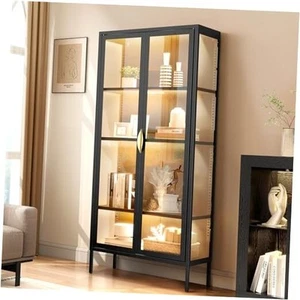 Display Cabinet with Glass Doors and Magnetic Suction Lights, 71” Steel - Picture 1 of 7