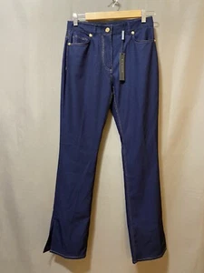 NWT ELIE TAHARI Women Zip Front Mid-Rise Slit Straight Jeans SZ 2 Blue/Metallic - Picture 1 of 16
