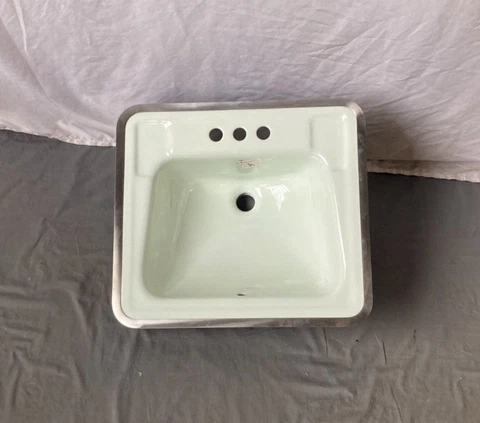 Vtg 20x18 Cast Iron Pale Honeydew Green Self Rimming Drop In Bath Sink 428-23E Cover