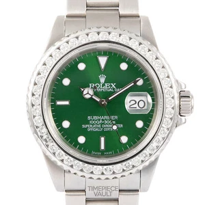 ROLEX MENS SUBMARINER 16610 DATE S/STEEL 40MM WATCH 3CT DIAMOND BEZEL GREEN DIAL - Picture 1 of 11