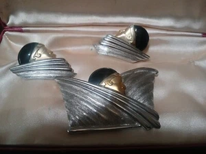 VTG Art Deco 3p Set Silver Gold Black Enamel Female Flapper Face Brooch Earrings - Picture 1 of 18