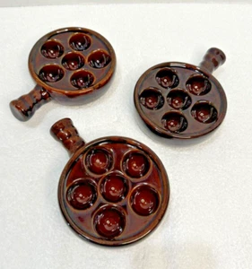 Vintage Set of 3 Rowoco Escargo Baking Dishes w/ Handles Brown Glazed Ceramic - Picture 1 of 3