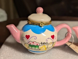 Vintage Tea Pot Pink Handle Hinged Trinket Box 3 In Tall  - Picture 1 of 11