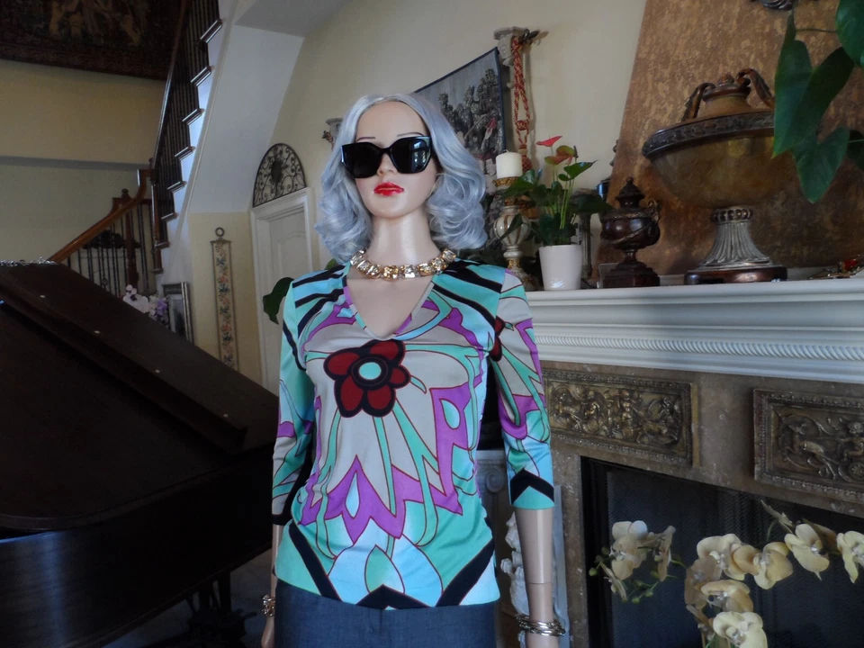 Blusa Etro Milano verde aguamarina estampado floral múltiple cuello en V talla IT 40 - US 4 Foto 1 de 4