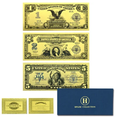3pcs in Envelope US 1899 Years 1 2 5 Dollars Gold Foil Plastic Banknotes Set - Image 1 of 4