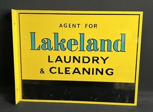 LAKELAND LAUNDRY & CLEANING VINTAGE LAUNDRETTE TIN LITHOGRAPH DOUBLE SIDED SIGN - Picture 1 of 15