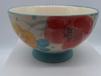 1 tazón de sopa de cereal Pioneer Woman con patas puntos de floración turquesa 3,5 pulgadas de alto Foto 1 de 4