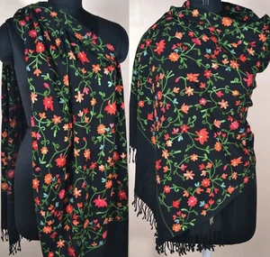 BLACK Hand Embroidered Pashmina 100% Cashmere Scarf Multicolor Floral Wrap Rave - Picture 1 of 11