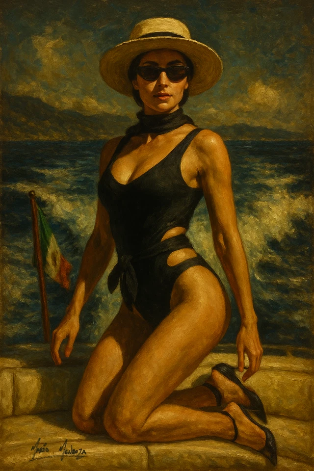 Mario Mendoza Oil Painting Print Canvas Beautiful Woman Sea Model - Image 1 of 4