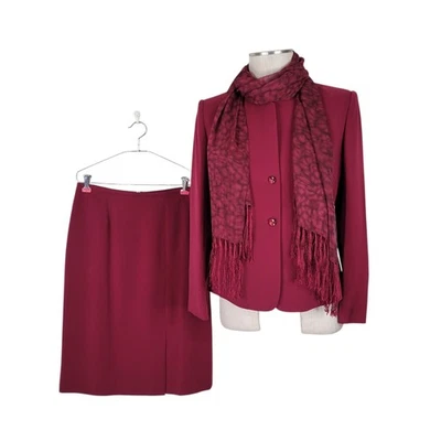 Kasper Skirt Suit Size 6P Red Maroon Scarf Mock Neck Off Center Front Slit - Image 1 of 4