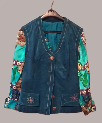 Cape et Gilet Nubuck vert brodé Taille M - Vintage - Photo 1/4