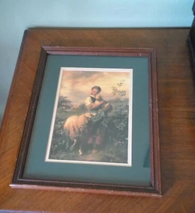 Vintage MATTED & FRAMED PICTURE OF GIRL WITH SHEEP 15.25"H x 12.25" - Picture 1 of 3