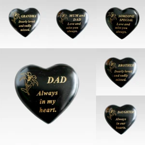 Black & Gold Love Heart Memorial Stone / Pebbles Grave Marker Lily Pic Ornament - Picture 1 of 15