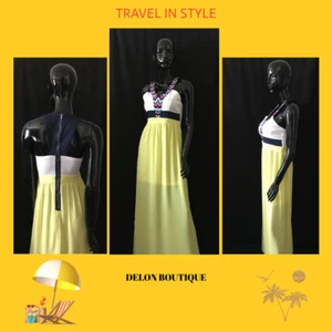 Junior's Embroidered Yellow Maxi Black White Back Zipper - Picture 1 of 4