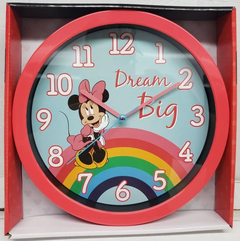Round Plastic Decor. Wall 10"Clock,DISNEY,MINNIE MOUSE RAINBOW,DREAM BIG,pink,AW Cover