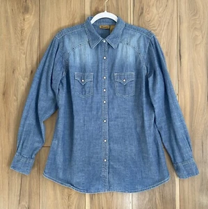 Wrangler Chambray Western Long Sleeve Shirt Pearl Snaps Women's XL Embellished - Picture 1 of 13