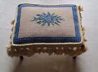 Needlepoint Petite Blue and Ivory Floral Wrought Iron Foot Stool  12"