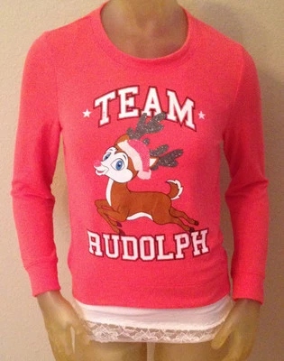 NWT Self Esteem TEAM RUDOLPH Christmas CROPPED Shirt Top Sweatshirt Juniors  L - Image 1 of 3