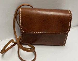 Leather Purse Crossbody Or On Belt Elegant Hand tooled Smooth Polished Brown - Picture 1 of 10