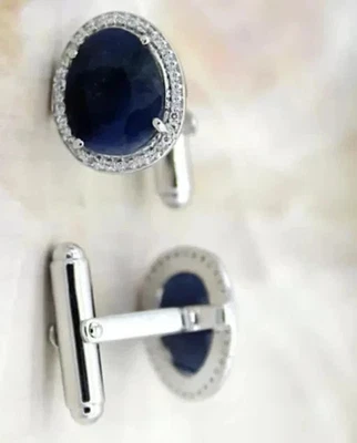 Мужские запонки из белого золота 14 карат с синим сапфиром и бриллиантами овальные созданные в лаборатории 4 карата - Изображение 1 из 4