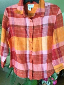 Coldwater CreekWomen 95% Linen 3/4 sleeve shirt Check Size PM - Picture 1 of 17