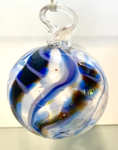 Art Glass Orb Sun Catcher 5" Hand Blown Dark & Light Blues & Brown Swirl 1 lb - Picture 1 of 7