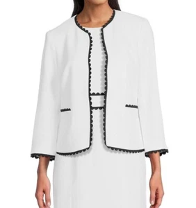 NWT Kasper 4 White Waffle Jacket w/ Black Scalloped Trim Open Blazer - Picture 1 of 4