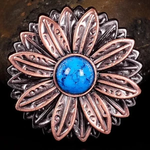 1-1/8" Antique Copper Flower Concho with Black, Blue or Purple Turquoise Center - Picture 1 of 10