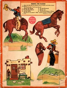 Vintage 1930s 1940s Kelloggs Kut-Outs Cowboy and Horse Paper Doll Cut No.1 Uncut - Imagen 1 de 3
