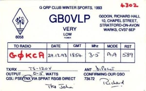 Tarjeta QSL de radioaficionados Inglaterra GB0VLP Stratford on Avon Deportes de invierno 1993 - Imagen 1 de 1