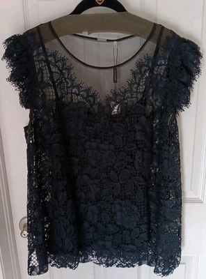 Blusa para mujer Elie Tahari Virginia XL azul marino negra malla floral encaje nueva con etiquetas Foto 1 de 4