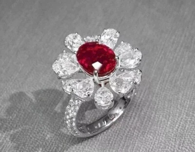 Beautiful 5 TCW Lab Burma Ruby & Simulated Sapphire Luxurious Flower Women Ring - Image 1 of 4