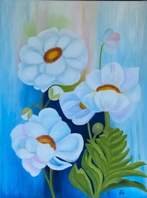 Ölbild "WEISSER MOHN" Bild Zeichnung Gemälde Original Dekoration Keilrahmen - Bild 1 von 2