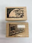 Set Of 2 American Flag Patriotic Wood Rubber Stamps Stampin Up Eagle Flag 4th