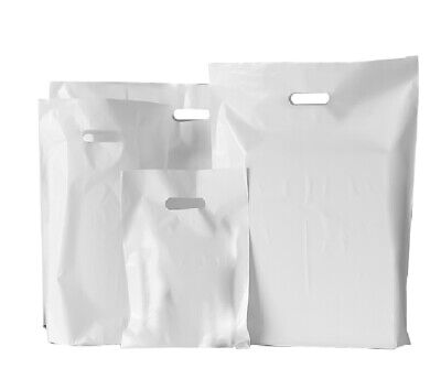 100 X Patch Handle Carrier Bags White Die Cut Handle Shopping Bag 15 X18 +3  • 11.50£
