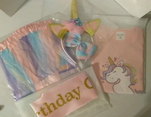 Birthday Outfit Sz 3 Girls Unicorn Shirt Tutu Skirt, Sash, Bow, Headband, pastel - Picture 1 of 4