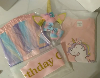 Birthday Outfit Sz 3 Girls Unicorn Shirt Tutu Skirt, Sash, Bow, Headband, pastel - Image 1 of 4