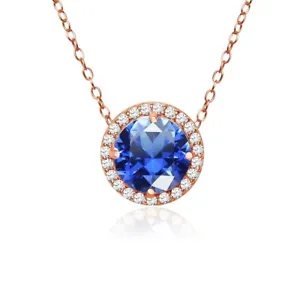 Round Halo Simulated Blue Sapphire & CZ Necklace in Rose Gold Plated 925 Silver - Picture 1 of 4
